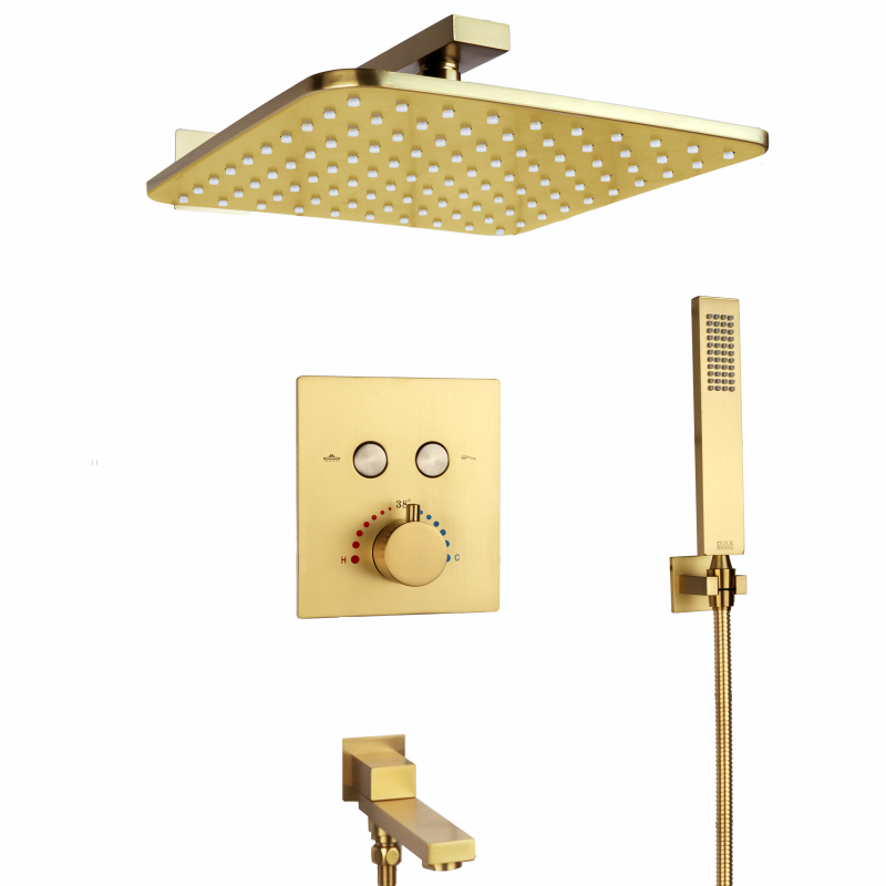 Juego de ducha oculta de oro cepillado, pared de baño, lluvia termostática, ducha de mano de alta presión