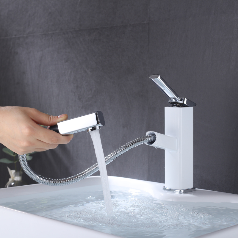 Blanco + cromo pulido de alta calidad grifo extraíble grifo de lavabo baño grifo caliente y frío fregadero