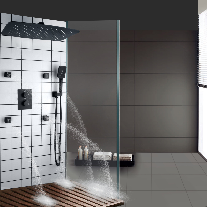 Juego de grifo de ducha negro mate, cabezal de ducha de lluvia fría y caliente para baño de 55x35 CM con ducha de mano de tres funciones