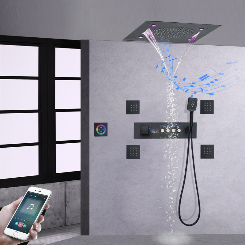 Mezcladores de ducha ocultos para baño, pantalla Digital termostática, altavoz para ducha de baño, cascada, Spa, chorros corporales, color negro mate
