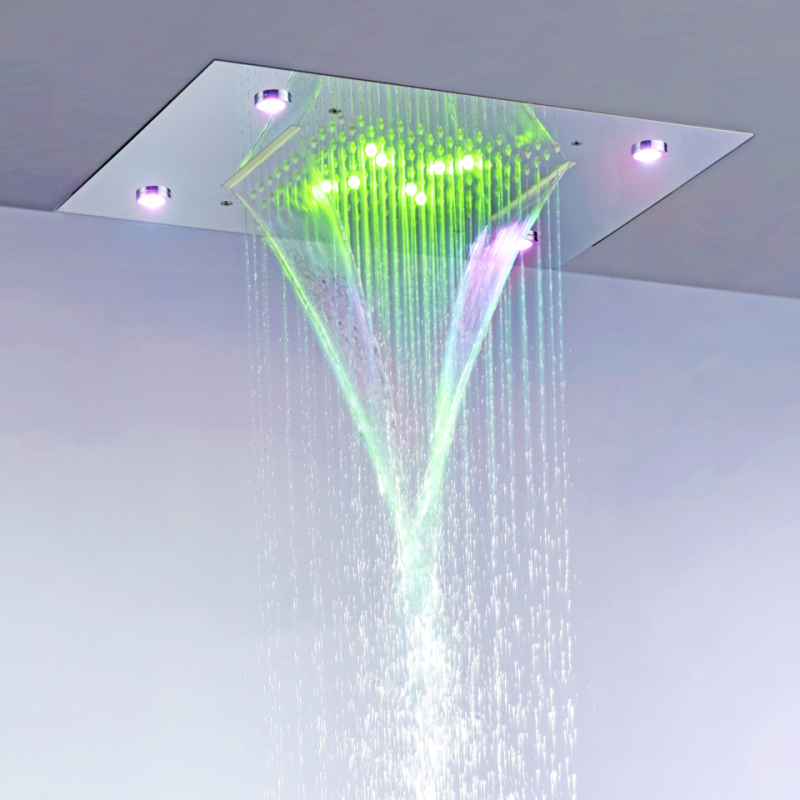 Mezclador de ducha LED cromado pulido de 50x36 CM, lluvia de cascada bifuncional para baño con cambio de temperatura de 3 colores