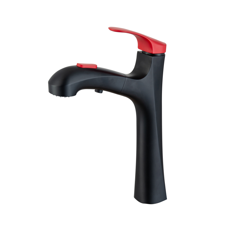 Nuevo estilo, mezclador de lavabo negro + rojo, mezclador de fregadero con un solo mango, grifo fácil de sacar, diseño hábil