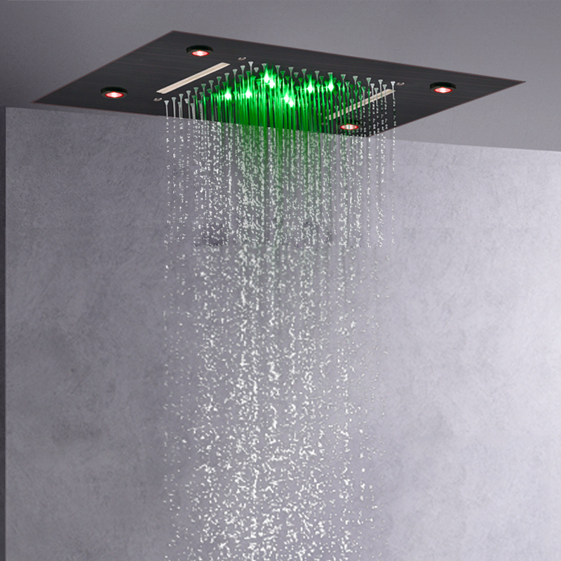 Grifo de ducha de bronce frotado con aceite, LED de 50x36 CM, cambio de temperatura de 3 colores, lluvia de cascada bifuncional para baño