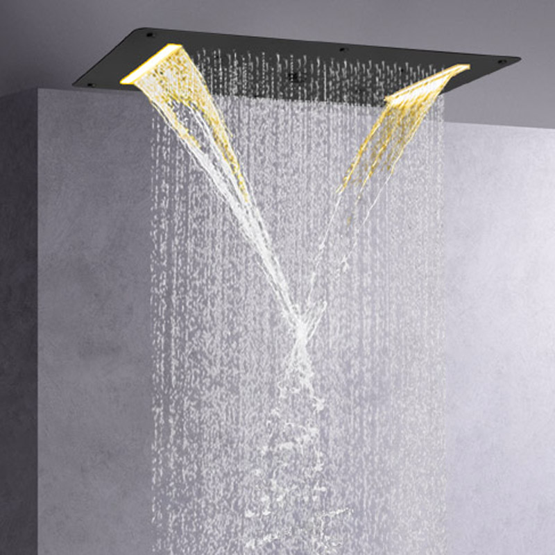 Mezclador de ducha de baño de gama alta LED, sistema de cascada, ducha multifunción, negro mate, 70x38 CM