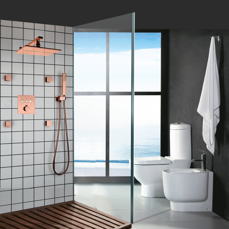 Cabezal de ducha LED de oro rosa con rociador de mano montado en la pared Sistema de ducha de lluvia LED termostático de 8 x 12 pulgadas