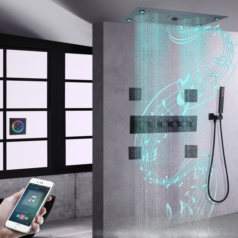 Mezclador de ducha termostático negro mate, baño LED de 620x320mm con funciones musicales, sistema de ducha con mano