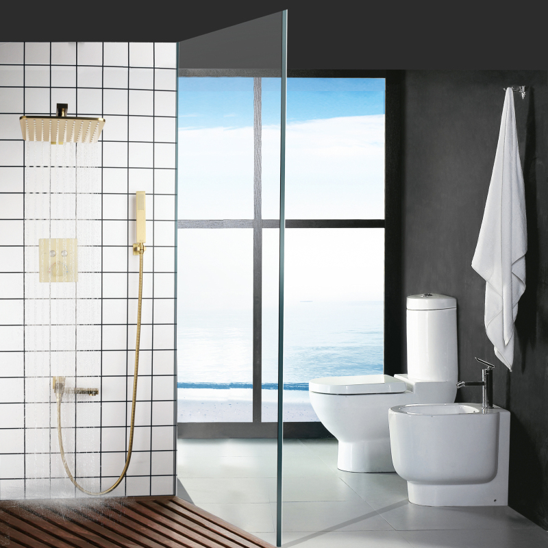Sistema de ducha de lluvia termostática de Oro pulido, juego de ducha moderno de lujo dorado para baño de 10 pulgadas con caño para bañera