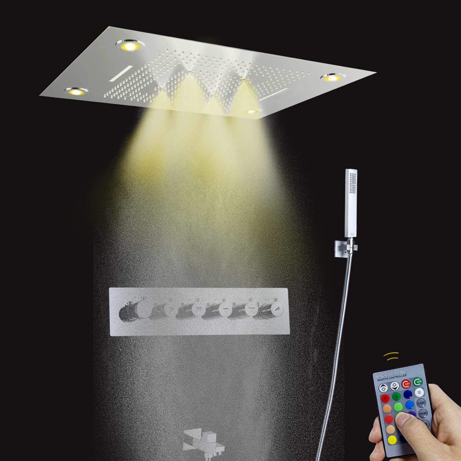 Cabezal de ducha de lluvia LED grande de lujo, 800x600MM, cromado, 5 formas de masaje, cascada, juego de ducha de lluvia termostática