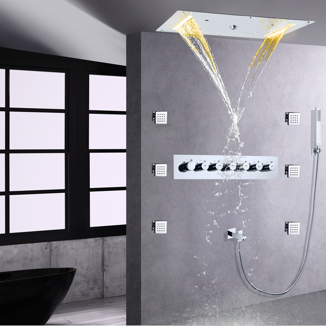 Juego de grifo de ducha termostático pulido cromado, LED de alto flujo, cascada de lluvia y niebla para techo de baño