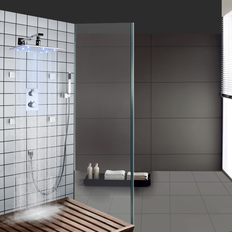 Grifos de ducha termostáticos cromados pulidos, conjunto combinado de duchas de baño con cambio de temperatura LED de 25x25 CM, 3 colores
