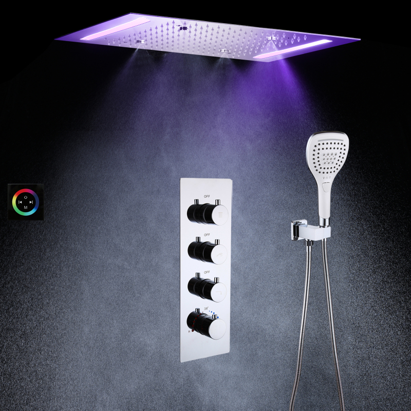 Juego de grifo de ducha cromado termostático para baño con cabezal de ducha LED de 20*14 pulgadas SUS304 empotrado en techo