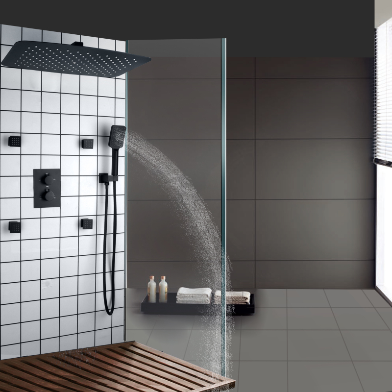 Juego de grifo de ducha de masaje de ducha mezclador de lluvia Sistema de ducha de baño de calidad termostática negro mate