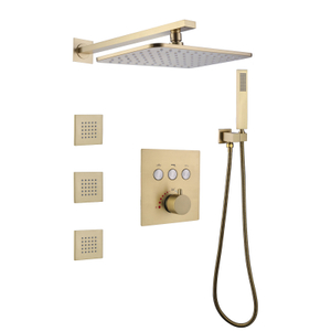 Mezclador termostático de ducha de oro cepillado, 28x18 CM, instalación empotrada en el baño, ducha con pulverizador de lluvia y masaje