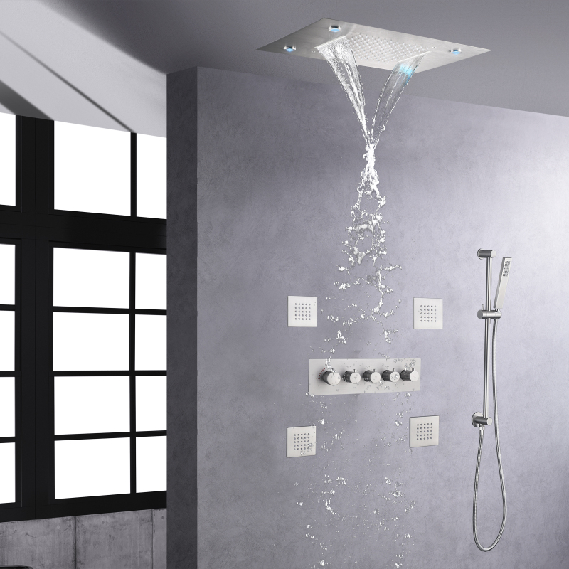 Grifos de ducha y baño de níquel cepillado Juego de ducha termostática LED Sistema de cabezal de ducha tipo lluvia y cascada de 14 x 20 pulgadas