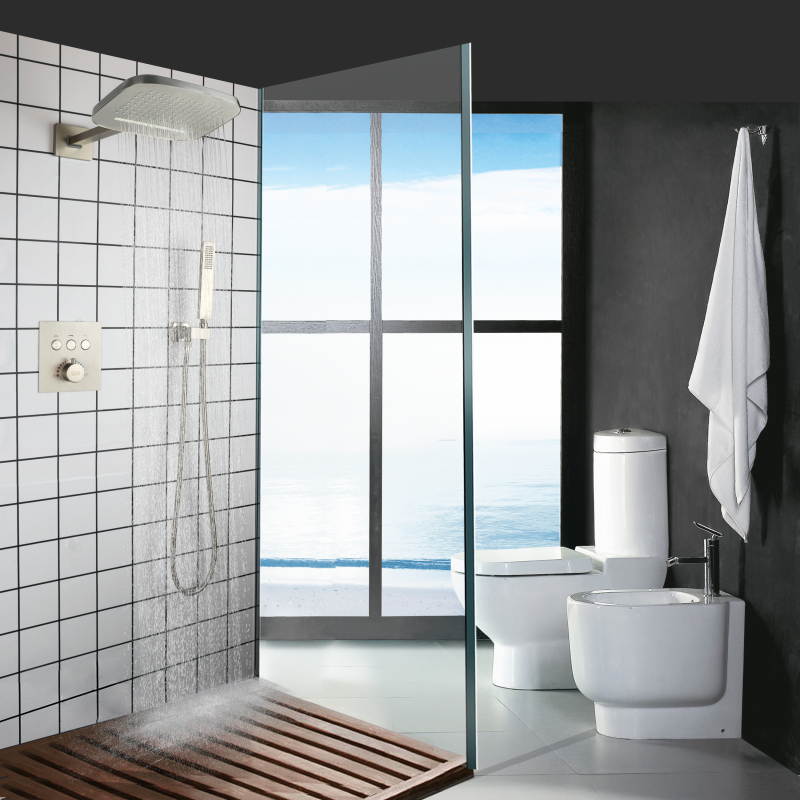 Juego de ducha de baño de níquel cepillado, cabezal de ducha termostático montado en la pared con cascada de lluvia y mano