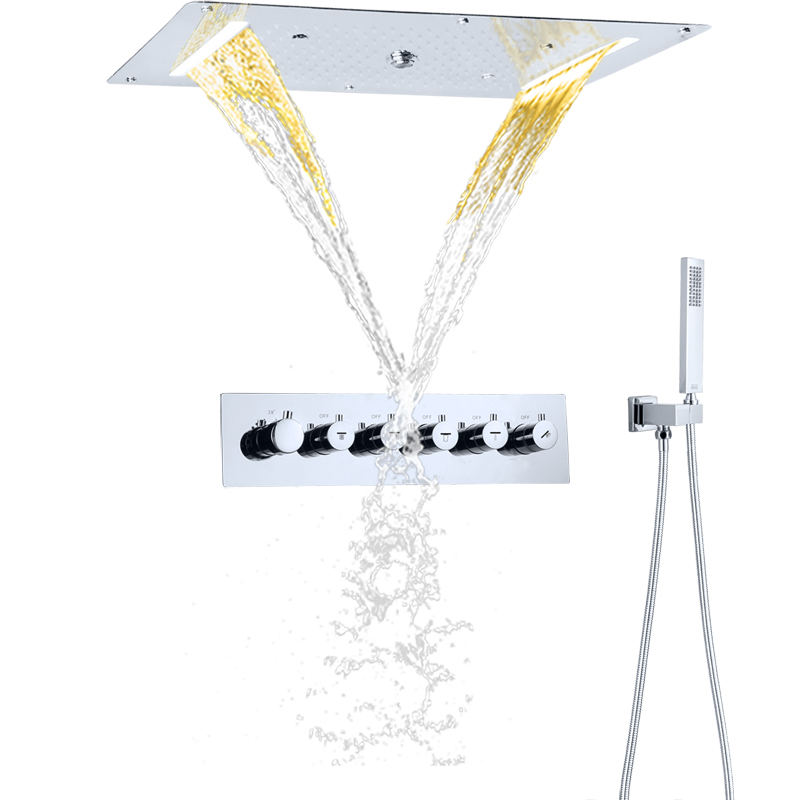 700X380MM SUS 304 montado en el techo SPA baño LED termostático rociador cascada lluvia cabezal de ducha conjunto