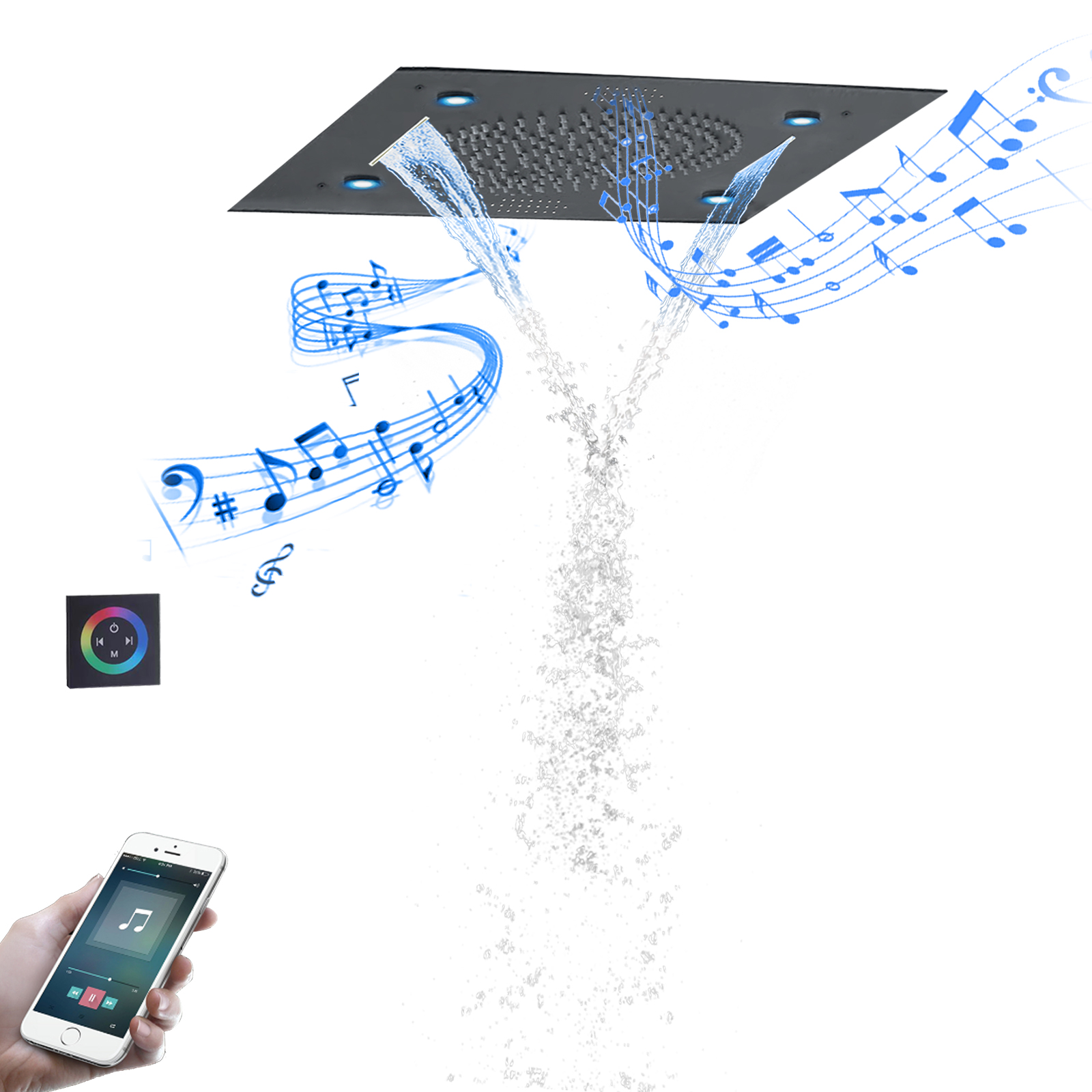 Música inteligente cabezal de ducha multifunción lluvia niebla cascada cortina de agua Control remoto LED ducha de baño