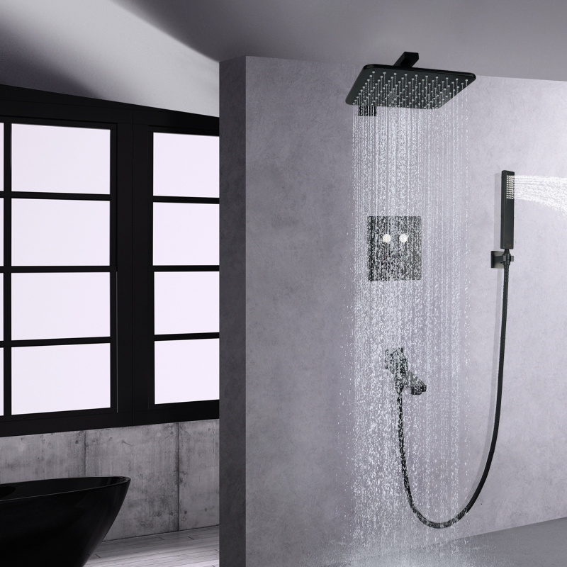 Gran oferta, sistema de ducha de lluvia termostático negro mate, juego de ducha montado en la pared para baño de 10 pulgadas, salida de agua inferior