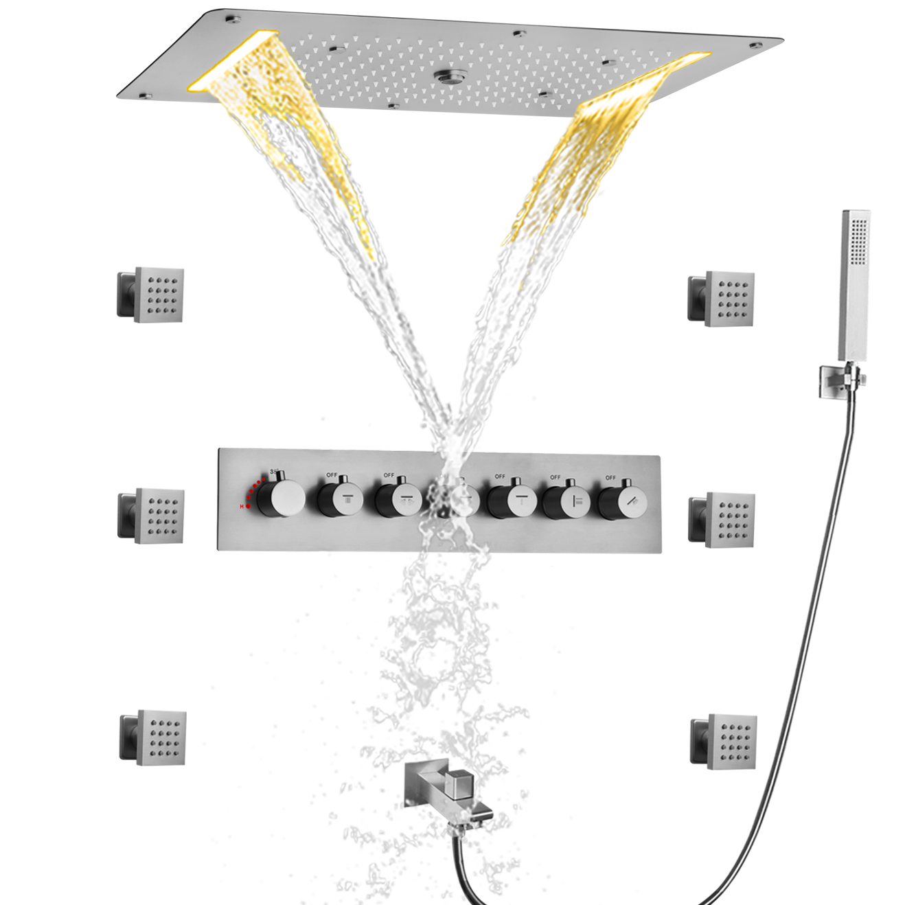 Sistema de cabezal de ducha multifunción grande de níquel cepillado, Panel mezclador de ducha termostático montado en la pared, lluvia en cascada