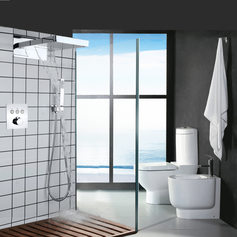Sistema termostático pulido cromado de la lluvia de la cascada del cuarto de baño del sistema de la ducha con el balneario de la ducha de mano