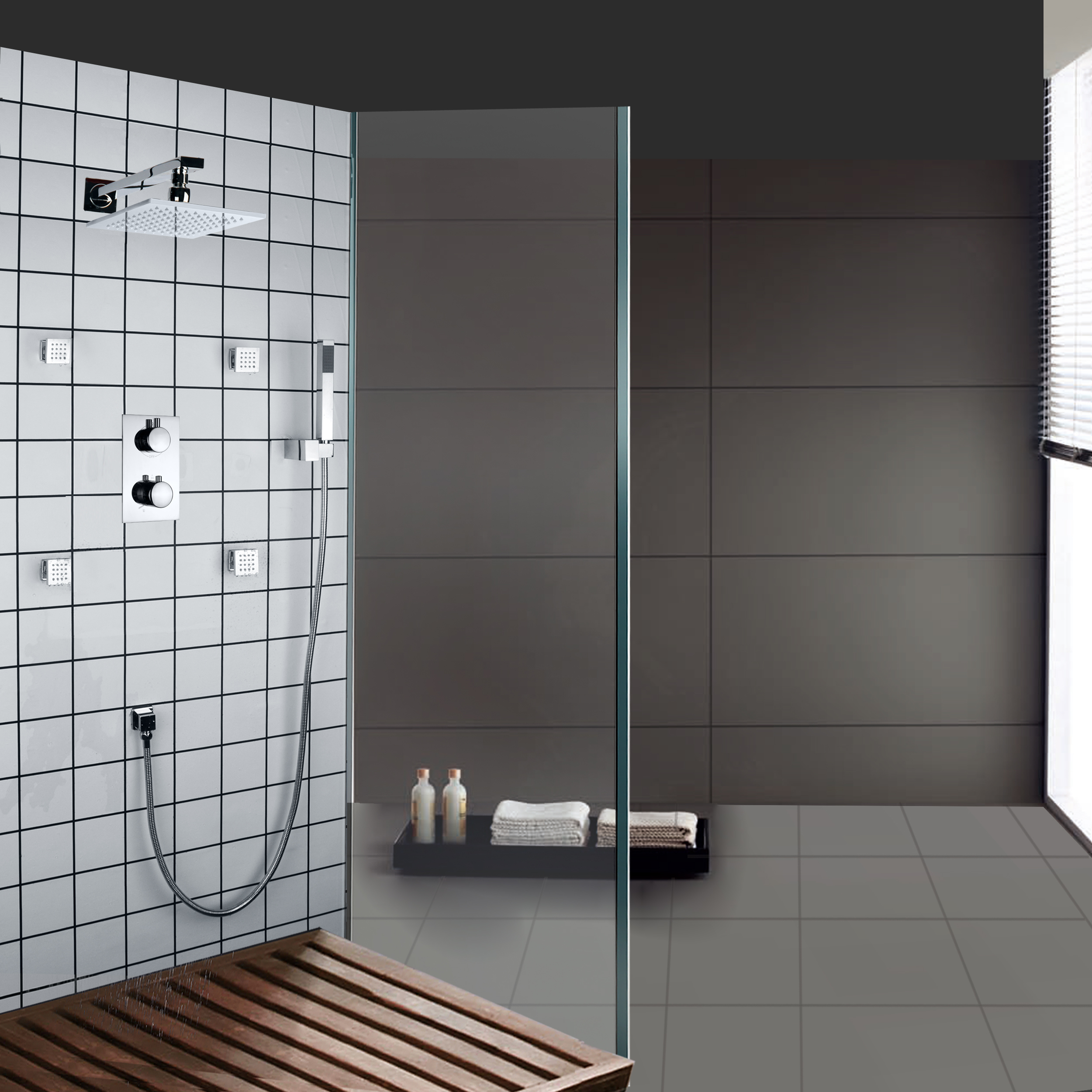 Cromo pulido termostático muebles de baño sistema de ducha LED 7 ducha oculta de lluvia colorida