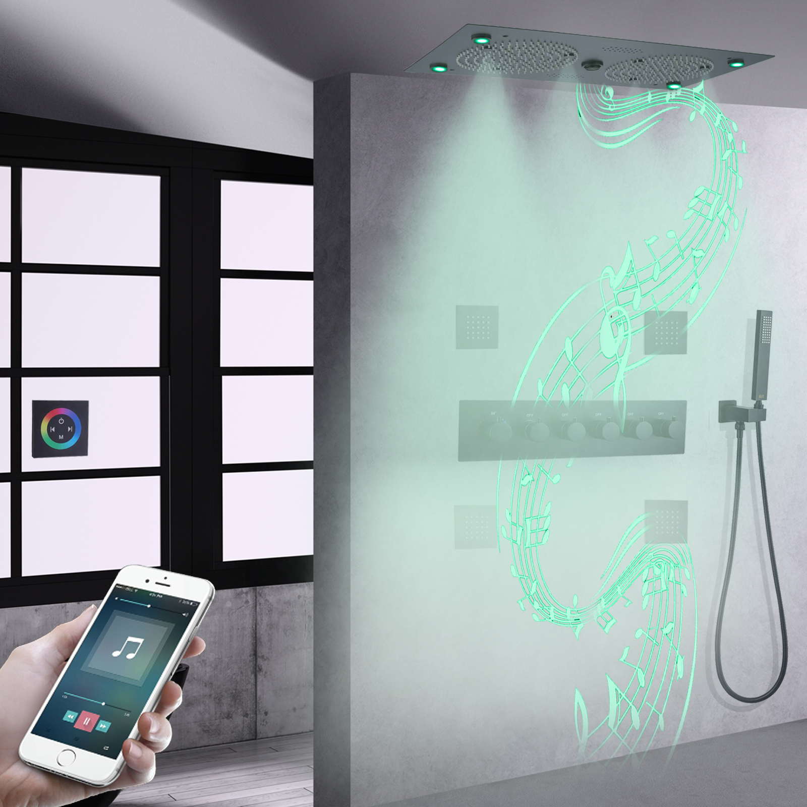 Mezclador de ducha negro mate LED baño termostático montaje en pared características musicales Sistema de ducha conjunto de mano de latón