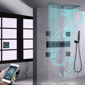 Ducha musical, lluvia termostática, LED negro mate, grifo de ducha de baño, ducha de mano