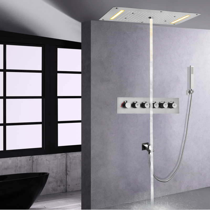 Juego de ducha termostática de níquel cepillado, cabezal de ducha moderno con rociador de cascada LED de 700x380 MM, cabezal de ducha moderno con ducha de mano