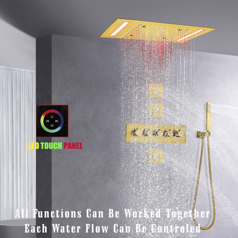 Juego de sistema de ducha LED de lluvia de Oro pulido, cabezal de ducha de lujo rectangular montado en el techo de 14x20 pulgadas, baño grande