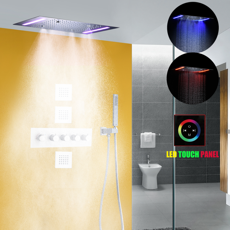 Juego de cabezal de ducha de lluvia para baño cromado, ducha termostática de niebla para baño LED de 14 x 20 pulgadas