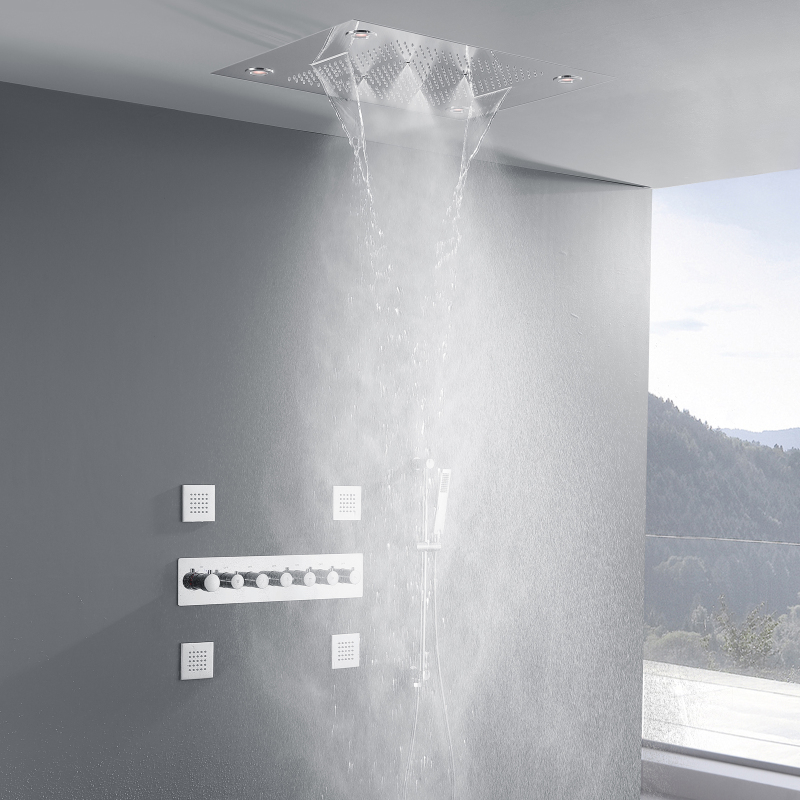 Sistema de grifo de ducha de lujo LED termostático oculto, cabezal de ducha de lluvia de 24X31 pulgadas pulido cromado con mano
