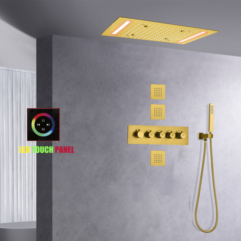 Cabezal de ducha de lluvia de Oro pulido con pulverizadores de mano, juego de ducha y baño termostático, grifo de ducha superior LED de techo de 14X20 pulgadas