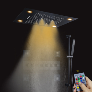 Cabezal de ducha LED de lluvia oculta negra termostática de lujo con cascada de chorros de pulverización de mano