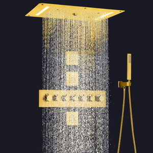Oro pulido lujoso sistema de ducha termostático LED lluvia oculta cascada ducha mezclador masaje