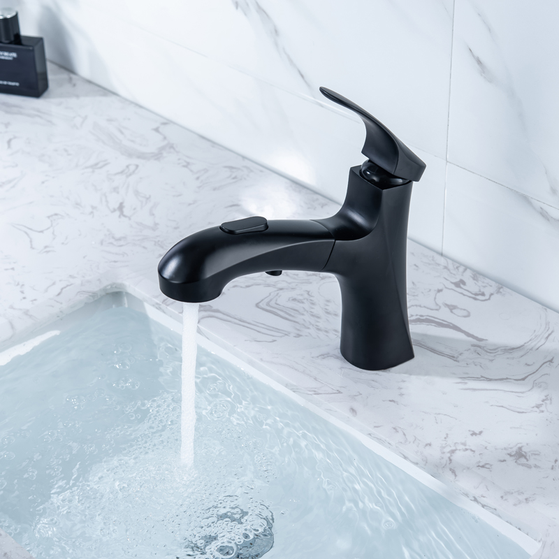 Grifo de lavabo de baño contemporáneo, manija única, negro mate, cabezal doble con funciones de agua