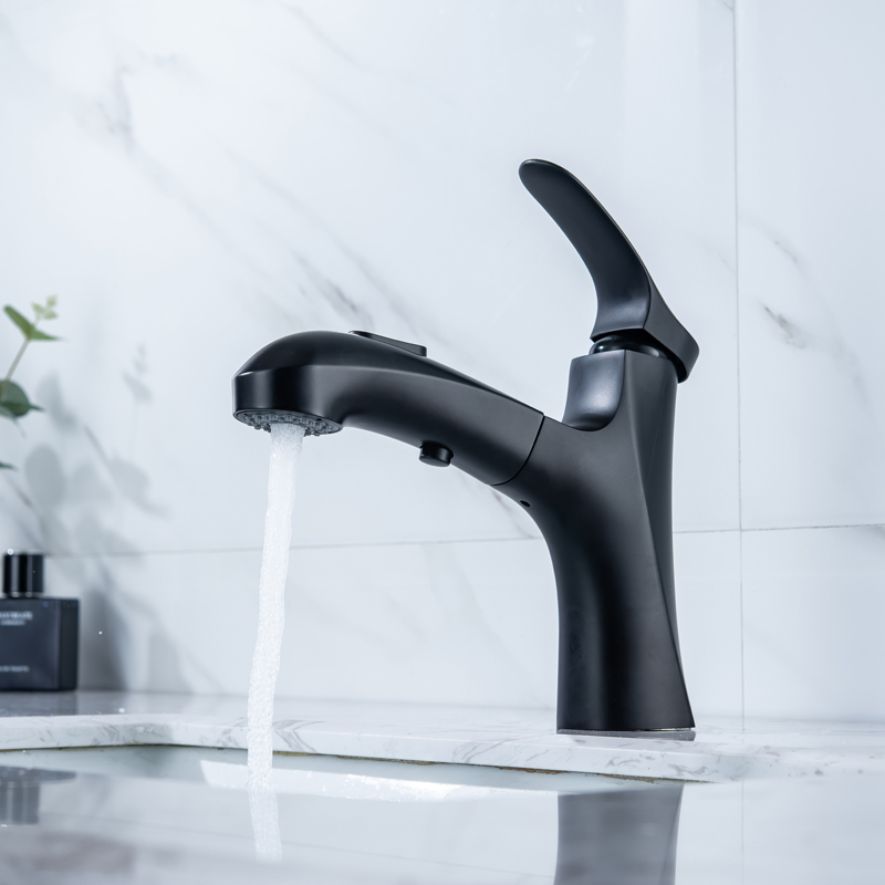 Grifo de lavabo negro mate de un solo mango con funciones de agua dobles, mezclador de fregadero contemporáneo