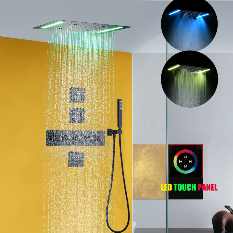 Juego de ducha de lluvia negro mate, grifo termostático de moda con cabezal de ducha LED de lluvia y techo grande de 14X20 pulgadas