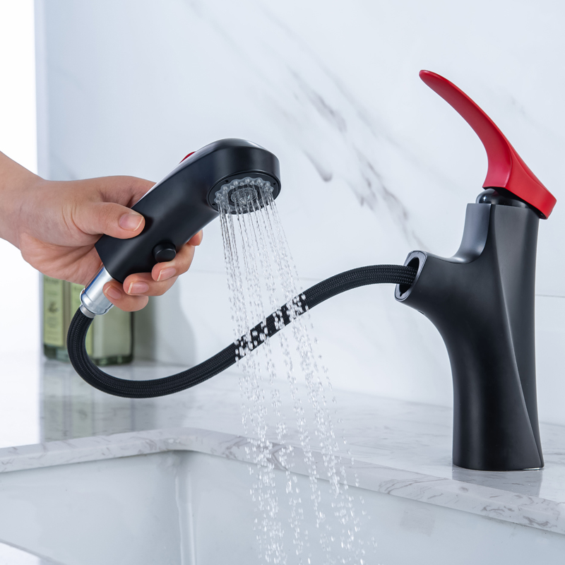 Grifo de baño negro mate, mezclador de lavabo con mango rojo, funciones de agua dobles, mezclador de fregadero contemporáneo