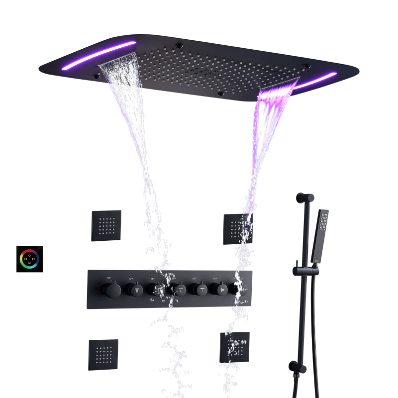 Cabezal de ducha tipo lluvia negro mate, sistema de ducha de mano LED, conjunto de combinación de lujo termostático