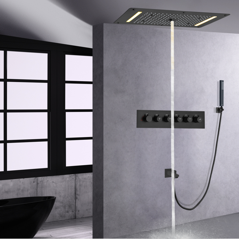 Juego de grifería termostática para bañera y ducha, color negro mate, para techo, baño, cascada, rociador, burbuja, lluvia, cabezal de ducha LED con mano