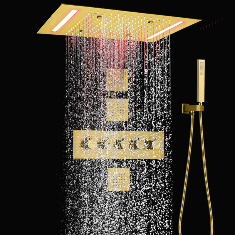 Sistema de ducha termostático de baño de lluvia de oro cepillado, cabezal de ducha LED montado en el techo de 14x20 pulgadas, chorros de Spa para cuerpo de latón