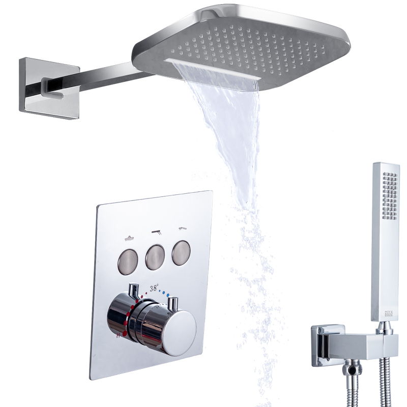 Juego de ducha oculta termostática pulida cromada, grifos de ducha de baño con cabezal de ducha de lluvia y cascada