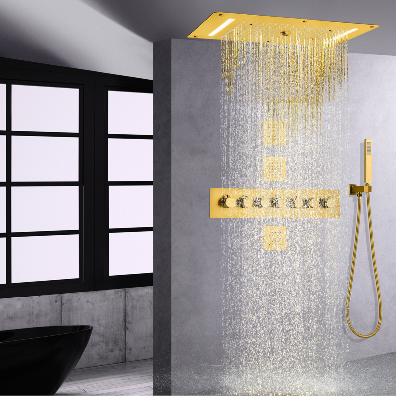 Sistema de ducha termostático de oro cepillado, 700x380 mm, LED, mezclador de ducha empotrado, efecto lluvia, masaje en cascada