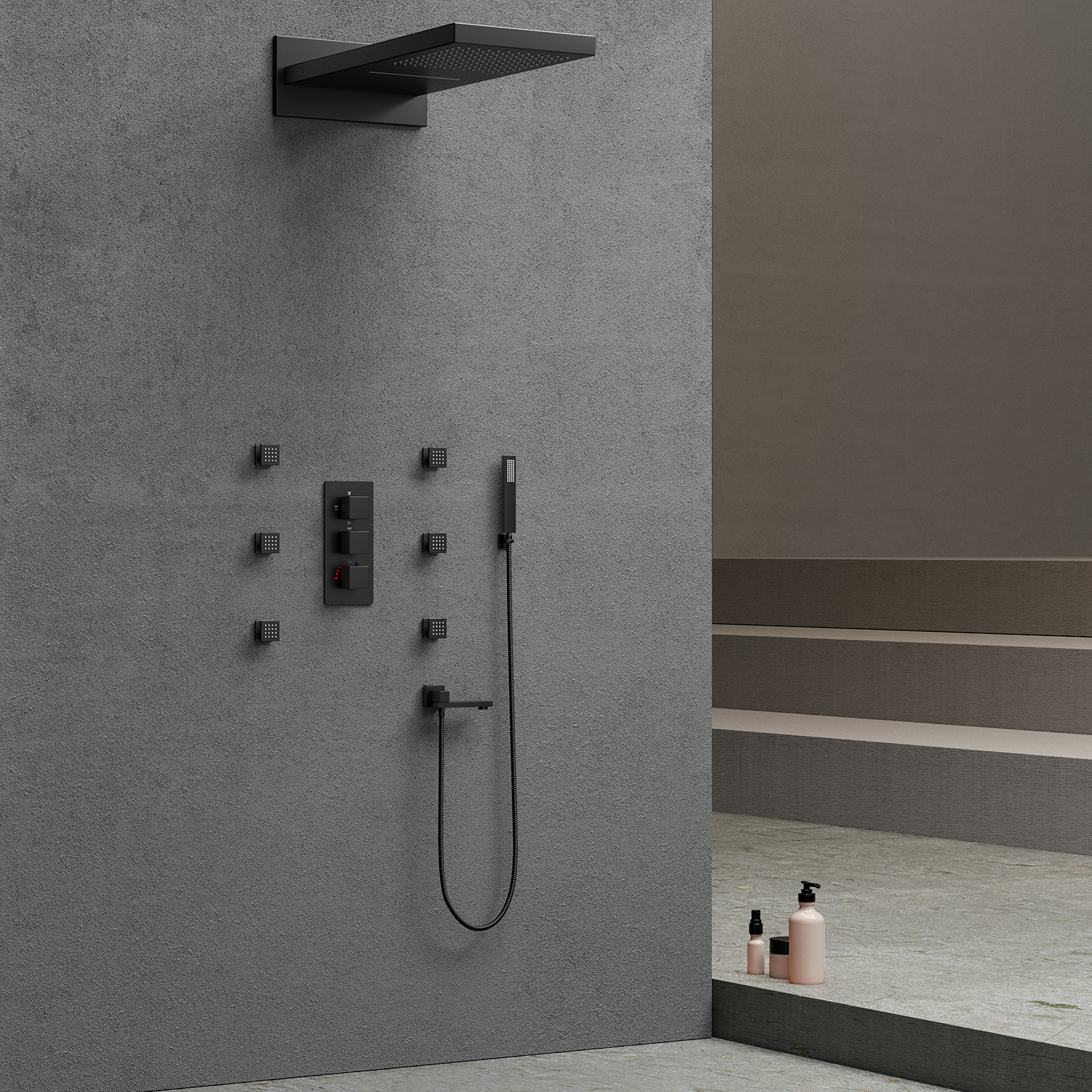 Juego de cabezal de ducha negro, medidor de lluvia, grifo de latón montado en la pared para baño, sistema de grifo de ducha en cascada para bañera