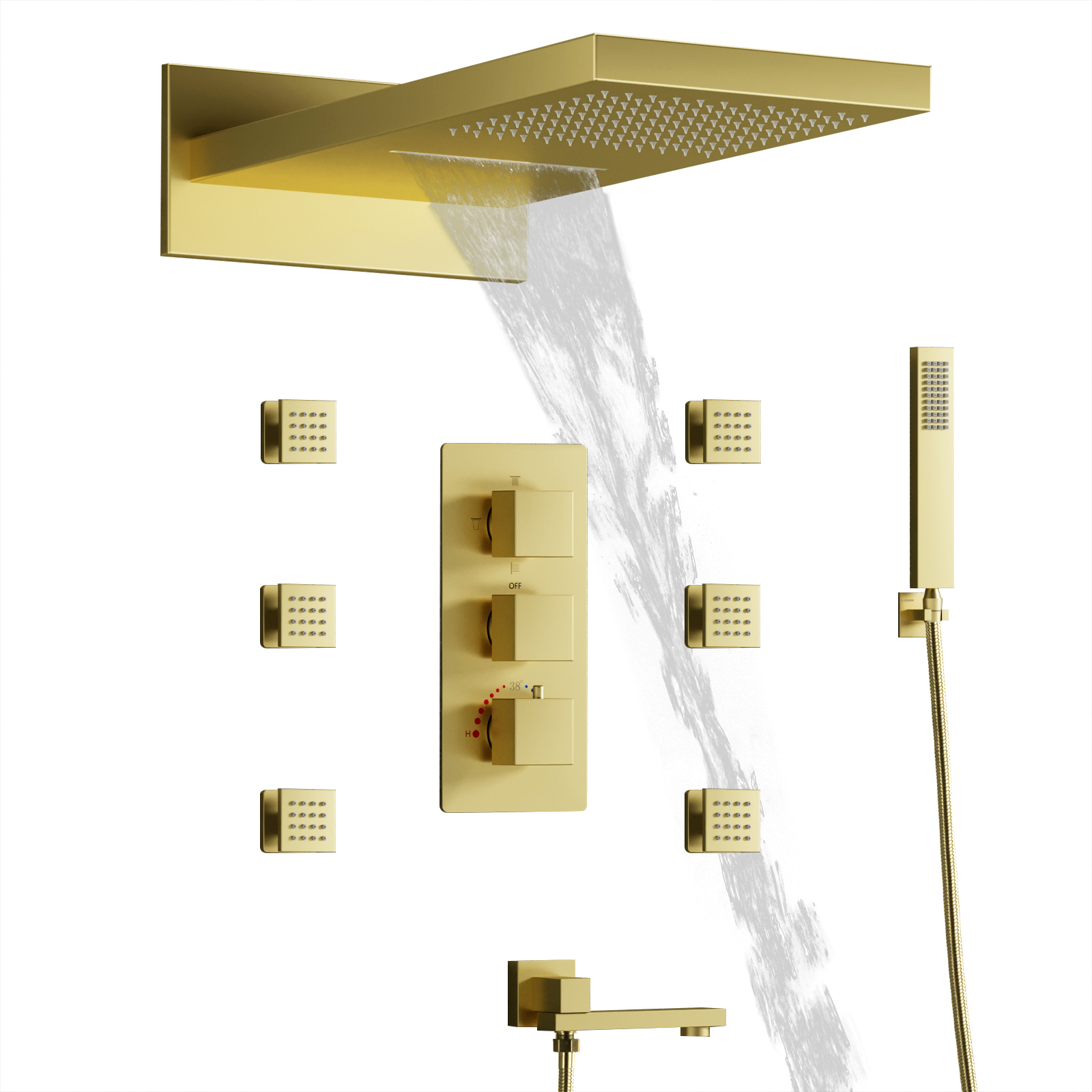 Juego de cabezal de ducha dorado de lujo, mezclador de ducha, cascada de lluvia con grifo cuadrado moderno de mano