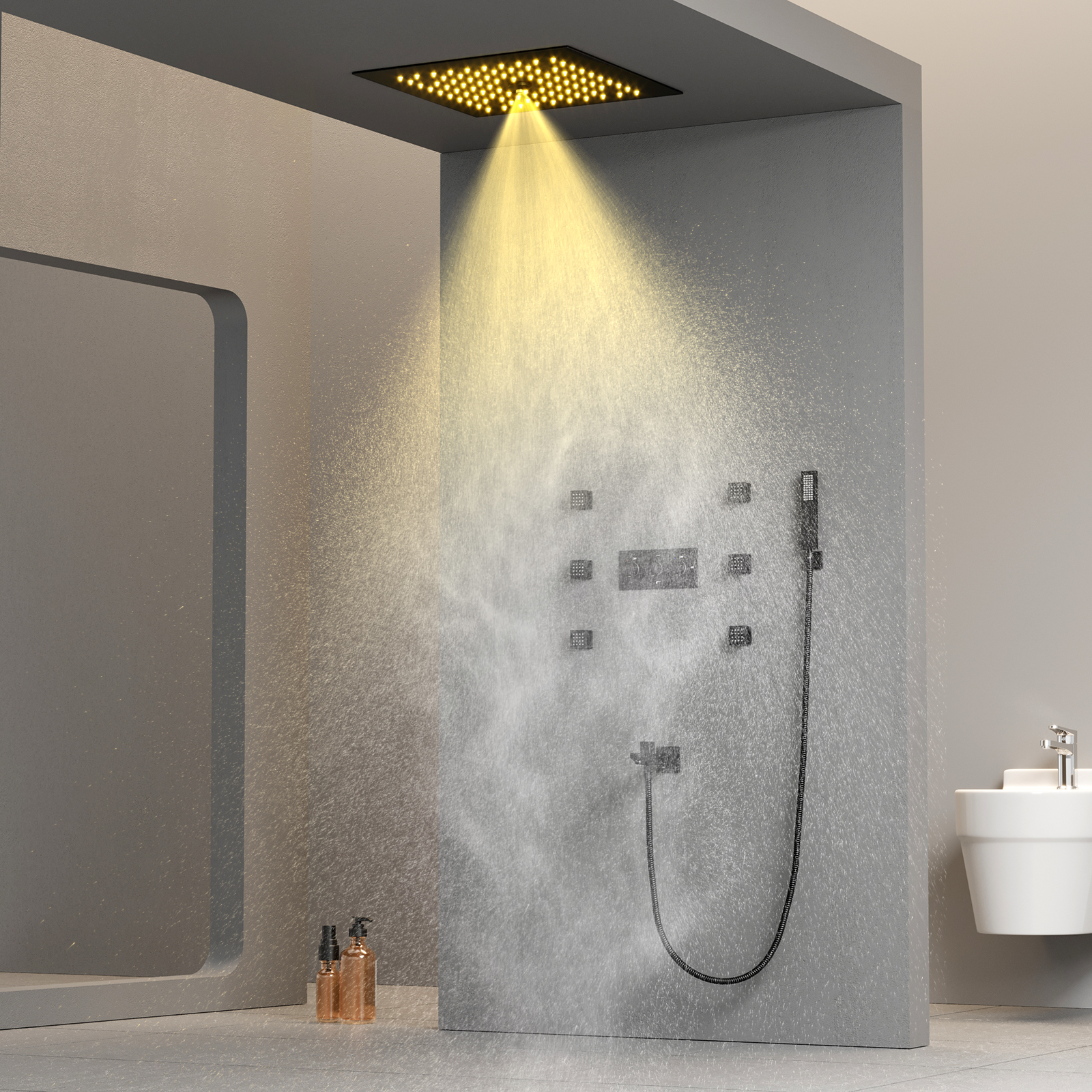 Juego de sistema de ducha con luz LED, cabezal de ducha de lluvia, Válvula mezcladora de ducha de temperatura constante de 300x300mm