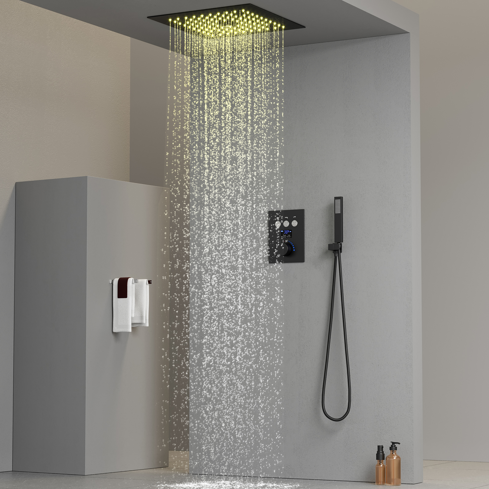 Sistema de cabezal de ducha termostático para baño, conjunto de cabezal de ducha tipo lluvia LED cuadrado negro mate