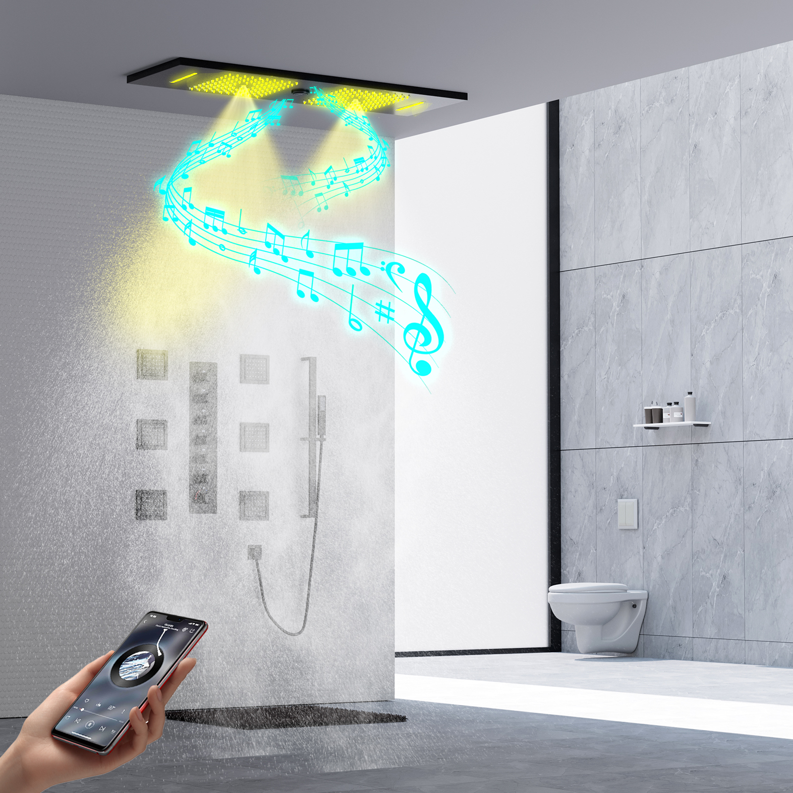 Juego de ducha LED, cabezal de ducha empotrado de lluvia y cascada con altavoz musical, Grifo y válvula de ducha de baño