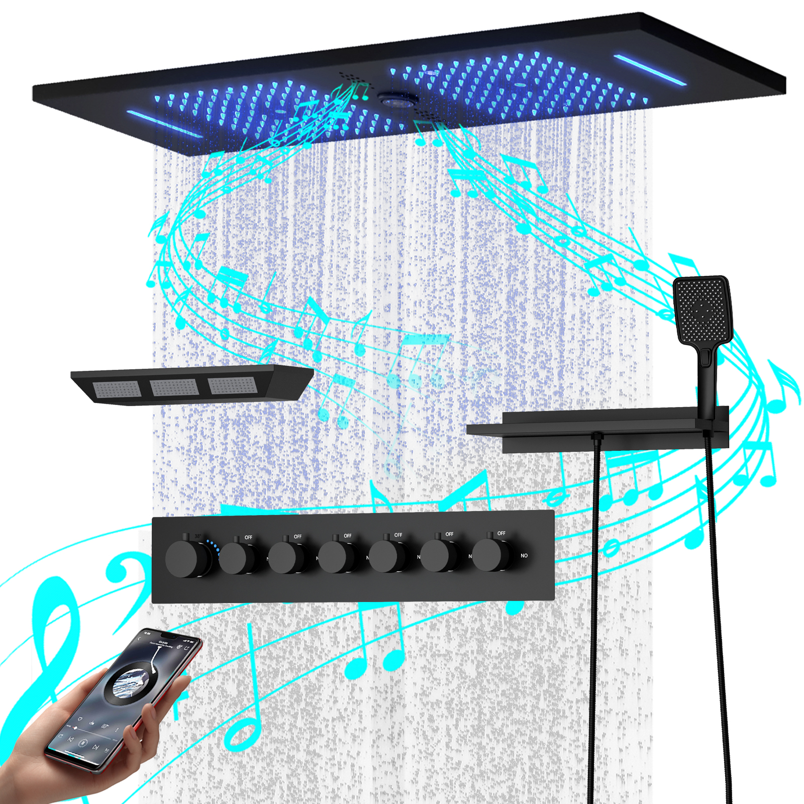 Grifo y válvula de ducha con rociador superior de ducha de lluvia de alta presión con música de latón cuadrado con luz LED de 90x30Cm