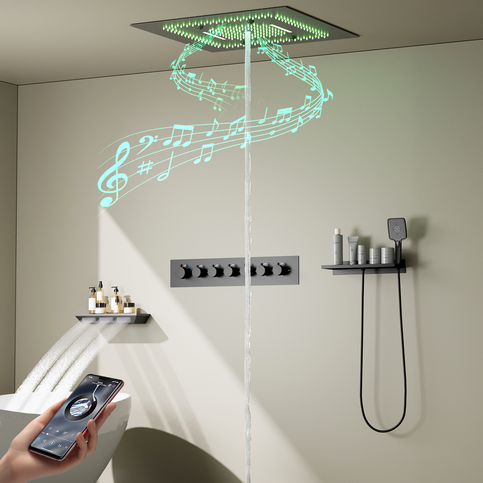 Bañera Spa pistola gris cabezal de ducha LED ducha de lluvia cascada multifuncional empotrado techo música ducha Set
